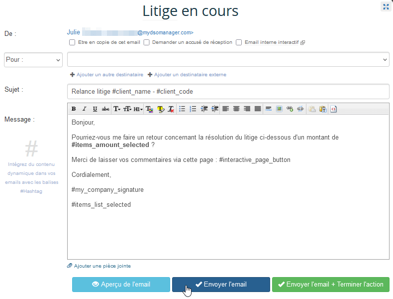 Envoyer l'email sans termniner l'action