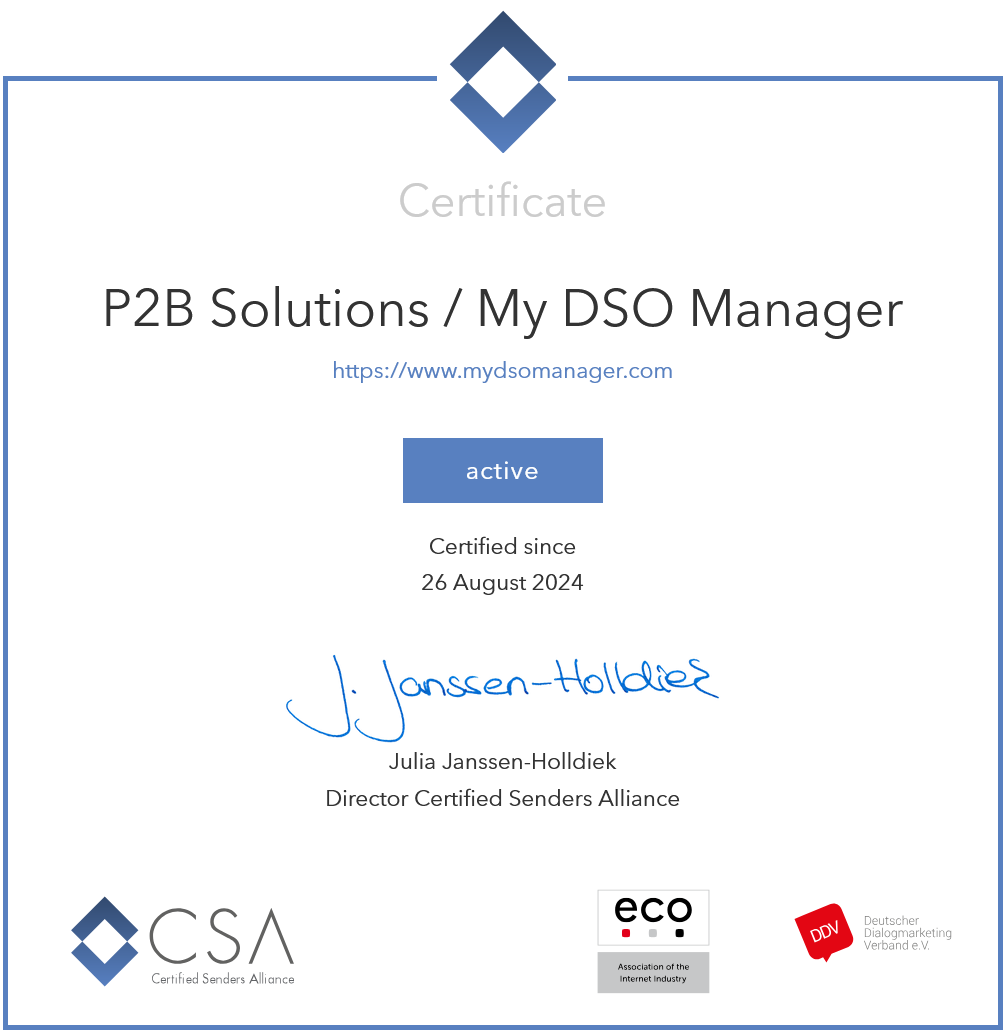 Certification de My DSO Manager de la part de la Certified Sender Alliance